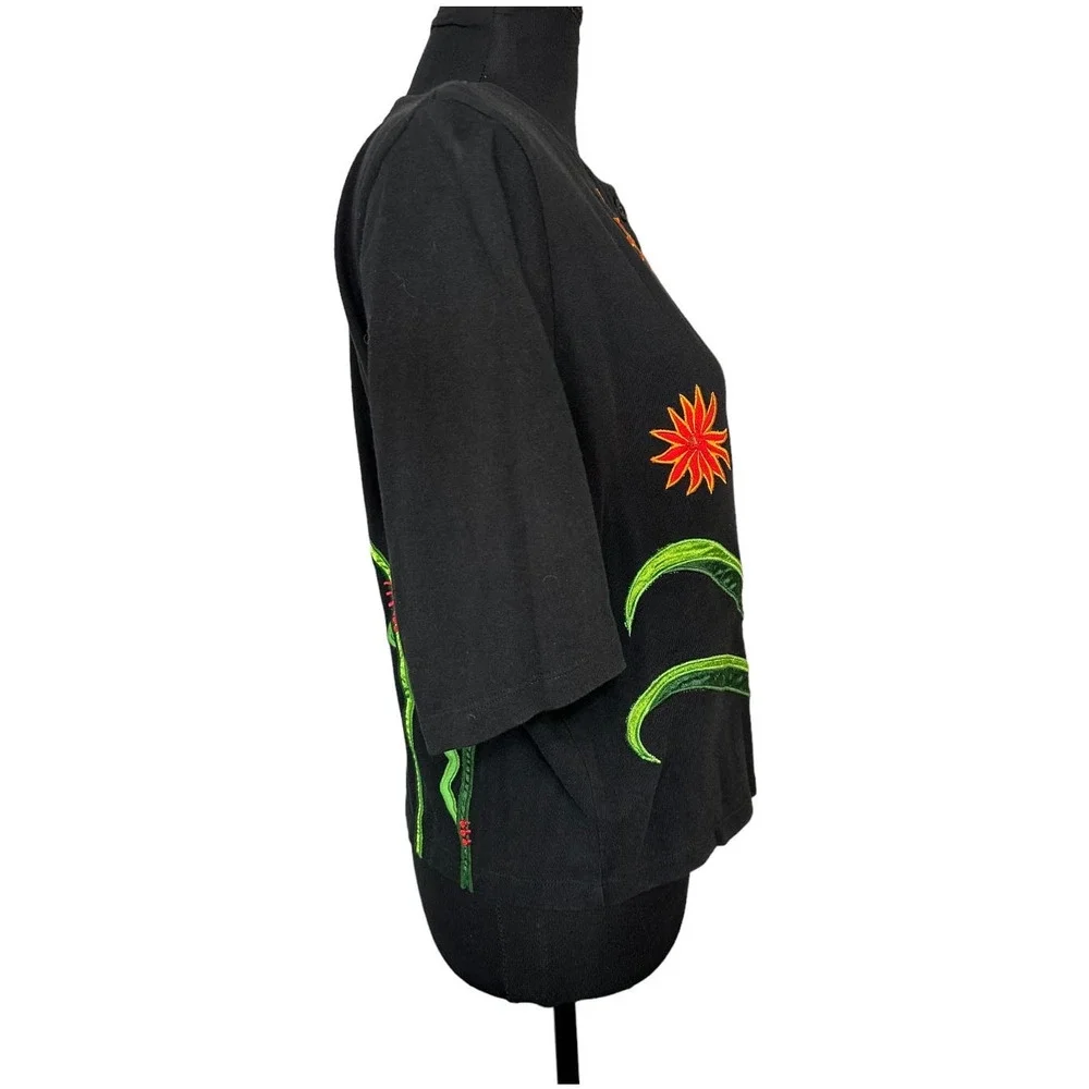 Michael Simon Black Frog and Flower Embroidered Short Sleeve Cardigan Size M - Picture 2 of 6